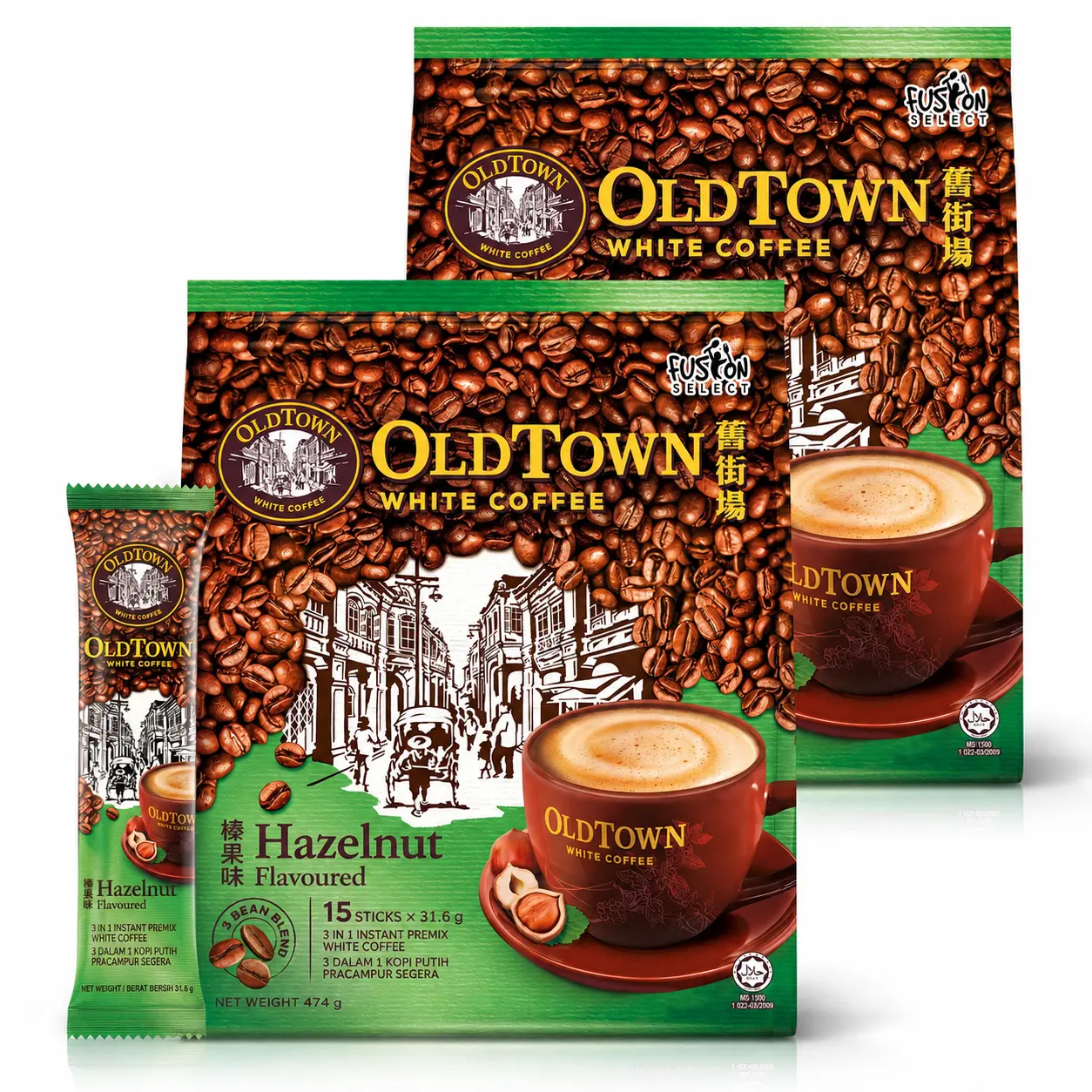 Fusion Select Old Town White Coffee 3 in 1 Hazelnut White Coffee 474g (2 Pack) | Instant Creamy Coffee Mix Sachets Beverage Beverage