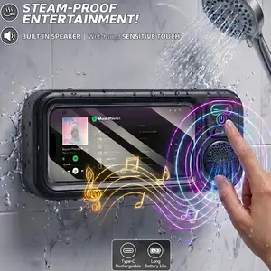 Waterproof Shower Phone Holder with Built-in Bluetooth Speaker, 360° Rotation, Articulating Stand, IPX6 Anti-Fog Touch Screen Wall Mount for Bathroom, Kitchen