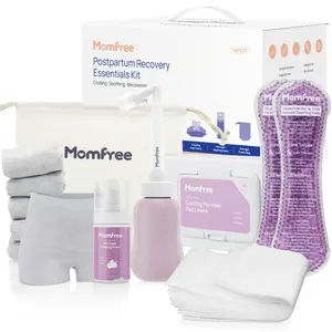Momfree Postpartum Recovery Essentials Kit Labor Delivery 7 Pack with Upside Down Peri Bottle XL Disposable Underwear Soothing Pads Perineal Healing Foam & Canvas Bag for New Moms Maternity Supplies Gentle Skin Care