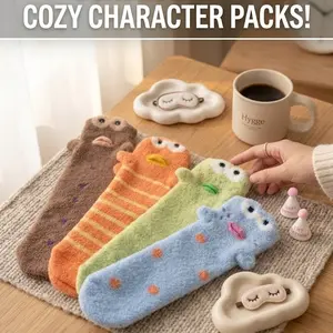 4-Pack Cute Fuzzy 3D Hygge Friends Fuzzy Socks | Cute Funny Character Winter Bed Warm Lounge House Socks for Women, Perfect Cozy Sleep Gifts for Her