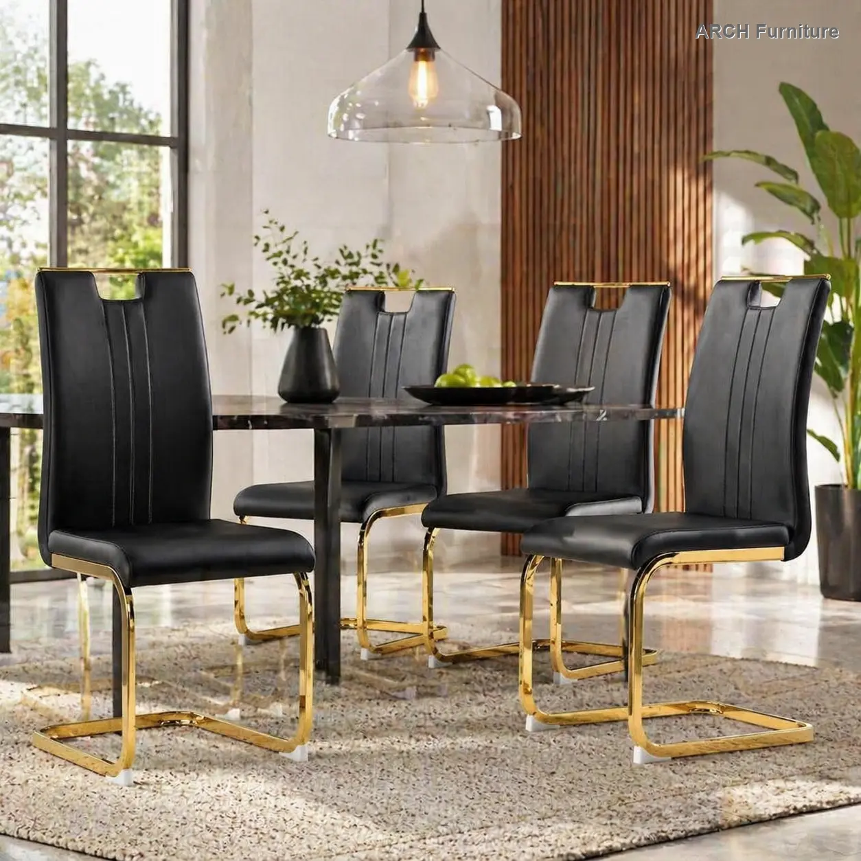 Set of 4 Black and Gold PU Leather Modern Dining Chairs - Cantilever Metal Frame, Contemporary Upholstered Decorative Side Chairs for Kitchen & Dining Room, Black Dining Chairs