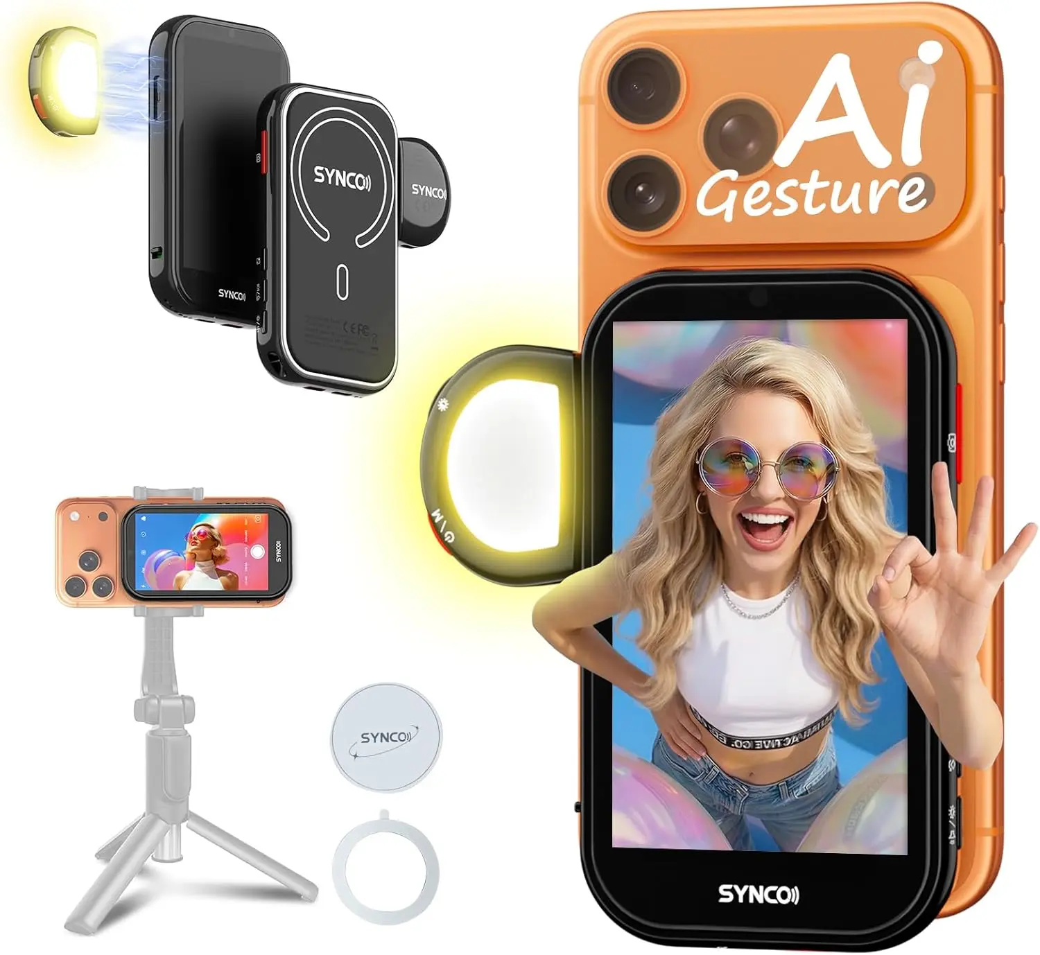 SYNCO XView Wireless Selfie Screen Monitor - AI Gesture Control, Built-In Fill Light, Magnetic Design, 4K/1080p Resolution for iPhone 7-17 Series | Mobile Cellphone Smartphone Camera Accessories