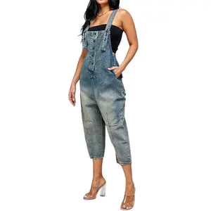 CHARTOU Women's Casual Loose Denim Overalls Harem Jeans Cropped Pants Overalls