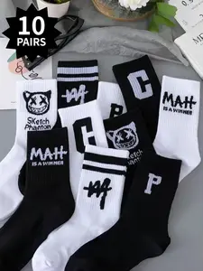 10 Pairs Unisex Breathable Black & White Color-Blocked Letter Pattern Mid-Calf Socks Street-Style Letter Design All-Season Fitted Casual Sports Letter Print Socks