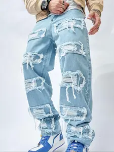 Men's Ripped Zipper Pocket Design Light Wash Ripped Knee Jeans, Loose Casual Denim Pants for Daily Wear, Fashion Men's Bottoms for All Seasons, Cotton