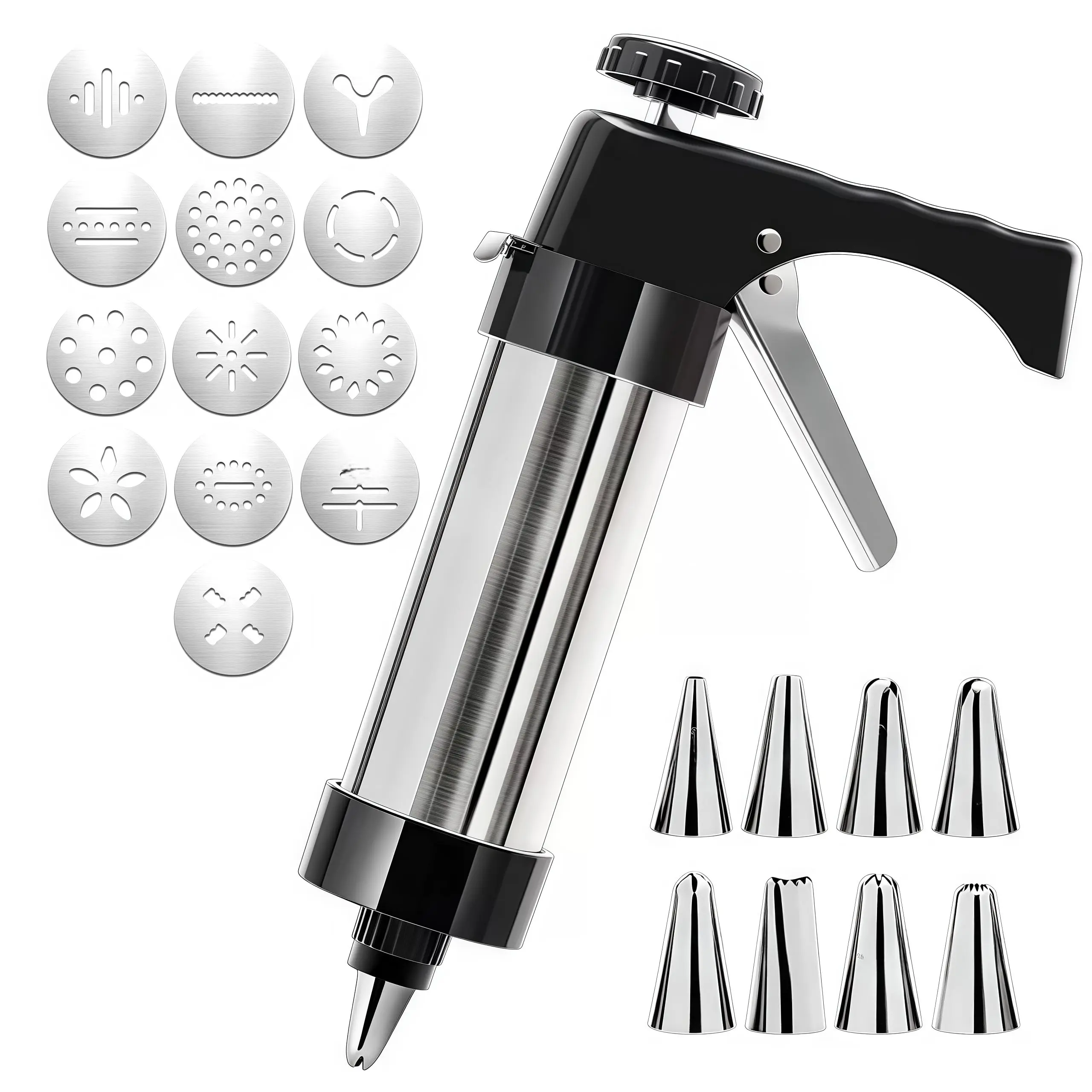 Cookie Press Gun Kit, Stainless Steel Spritz Cookie Press with 13 Discs & 8 Icing Piping Tips, Baking Cookie Maker, Icing Decorating Gun for Cookies Cakes Pastry Dessert Baking Decoration