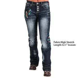 Flamingals Women's Embroidered Ripped Button-Fly Mid-Waist Bootcut Jeans, Women's Bottoms Denim Pants