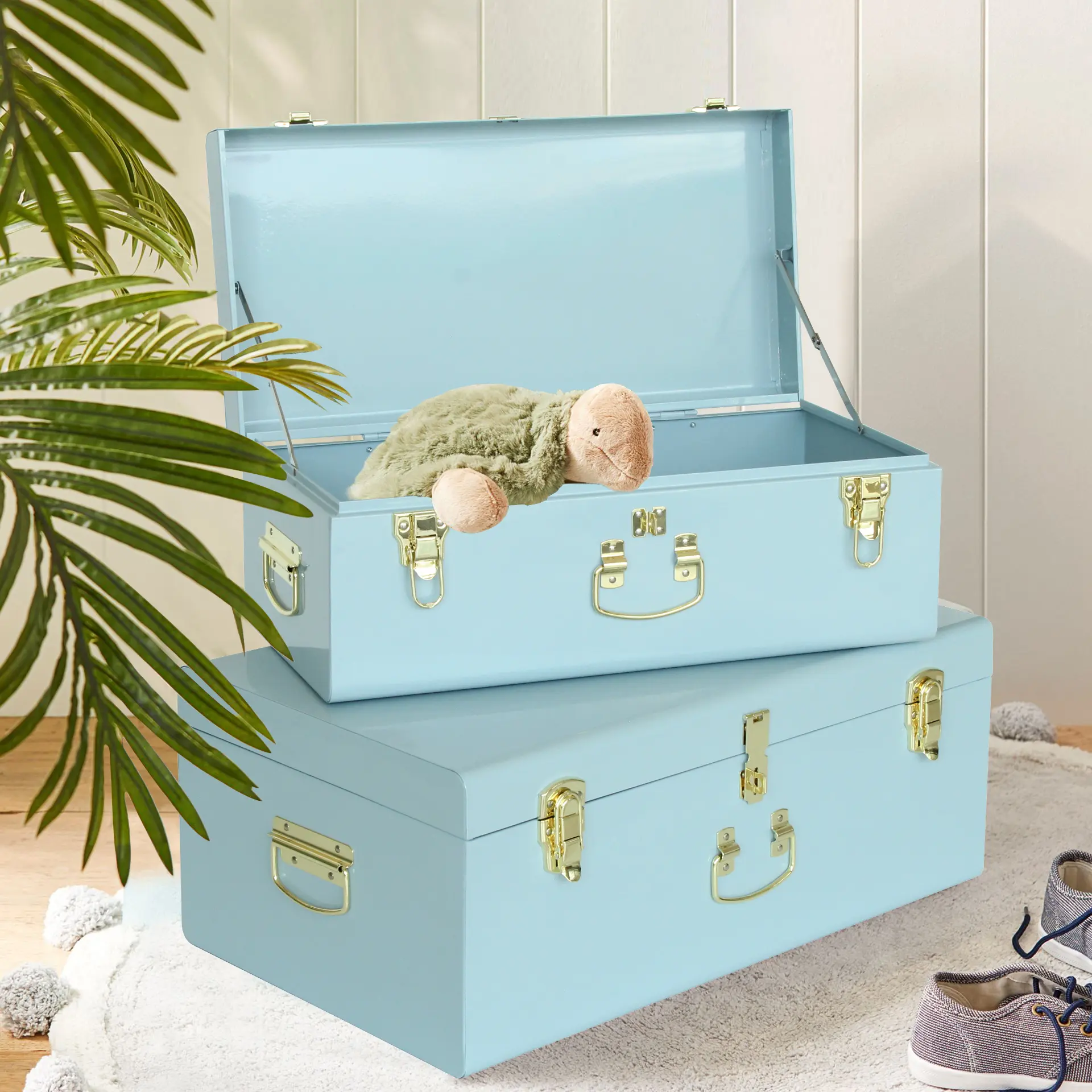 Light Blue Durable Metal Storage Trunks - Set of 2 Eco-Friendly Keepsake Chests, Decorative Storage Organizers with Lid for Home Decor, Organiser Boxes