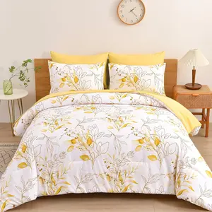 Yellow Botanical Comforter Set Queen, 7 Pieces Floral Bed in a Bag Gloden Leaves Bedding Set Soft Microfiber Queen(1 Comforter,2 Pillowcase,2 Pillow Shams,1 Flat Sheet,1 Fitted Sheet)
