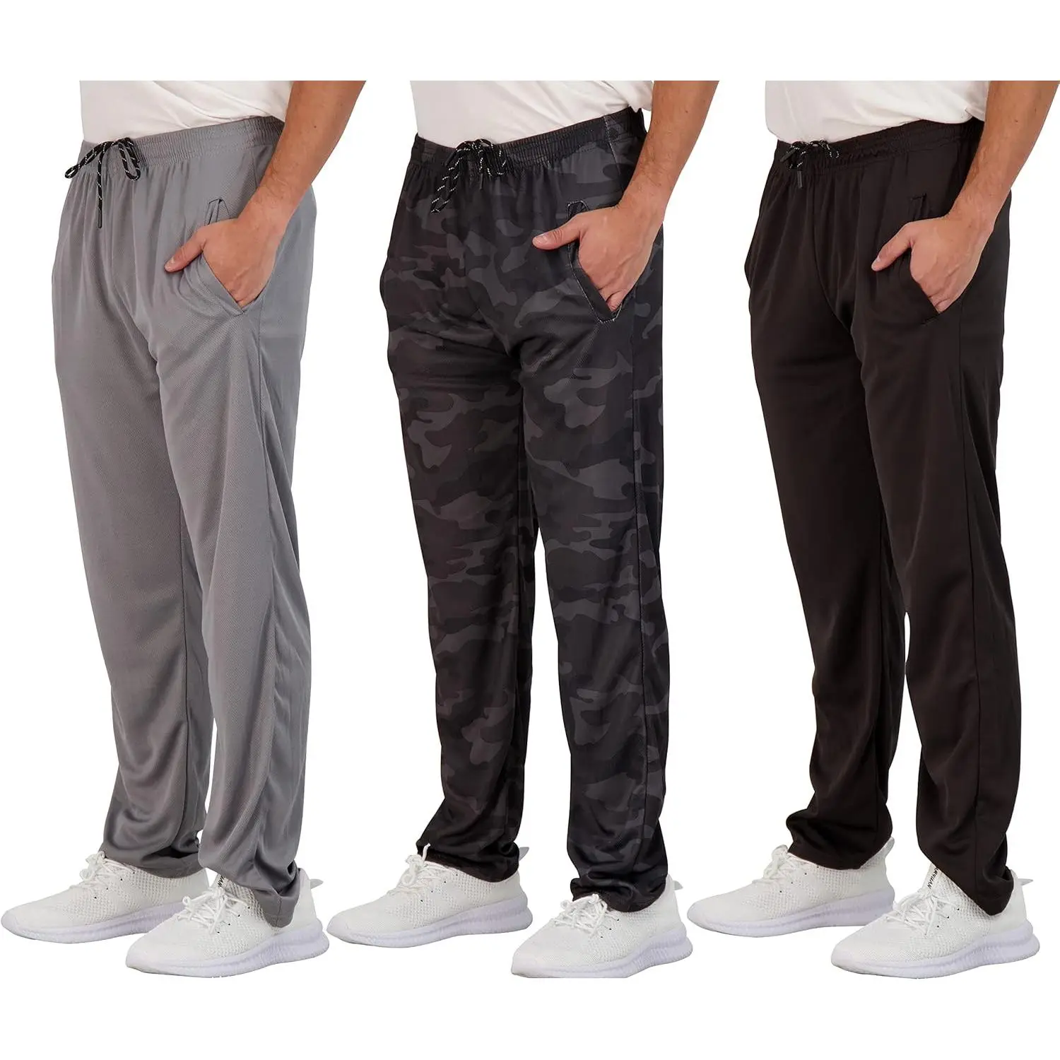 Men's 3 Pack Mesh Sweatpants with Pockets, Open Bottom for Gym Workout & Lounging, Quick-Dry Fabric, Machine Washable, Big & Tall Sizes to 3X, Large