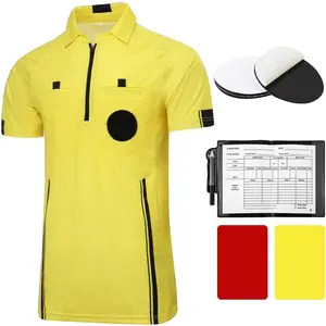 Pro Soccer Referee Shirt Jersey Short Sleeve Ref Costume Uniform with Badge Holder, Referee Wallet, Red & Yellow Cards