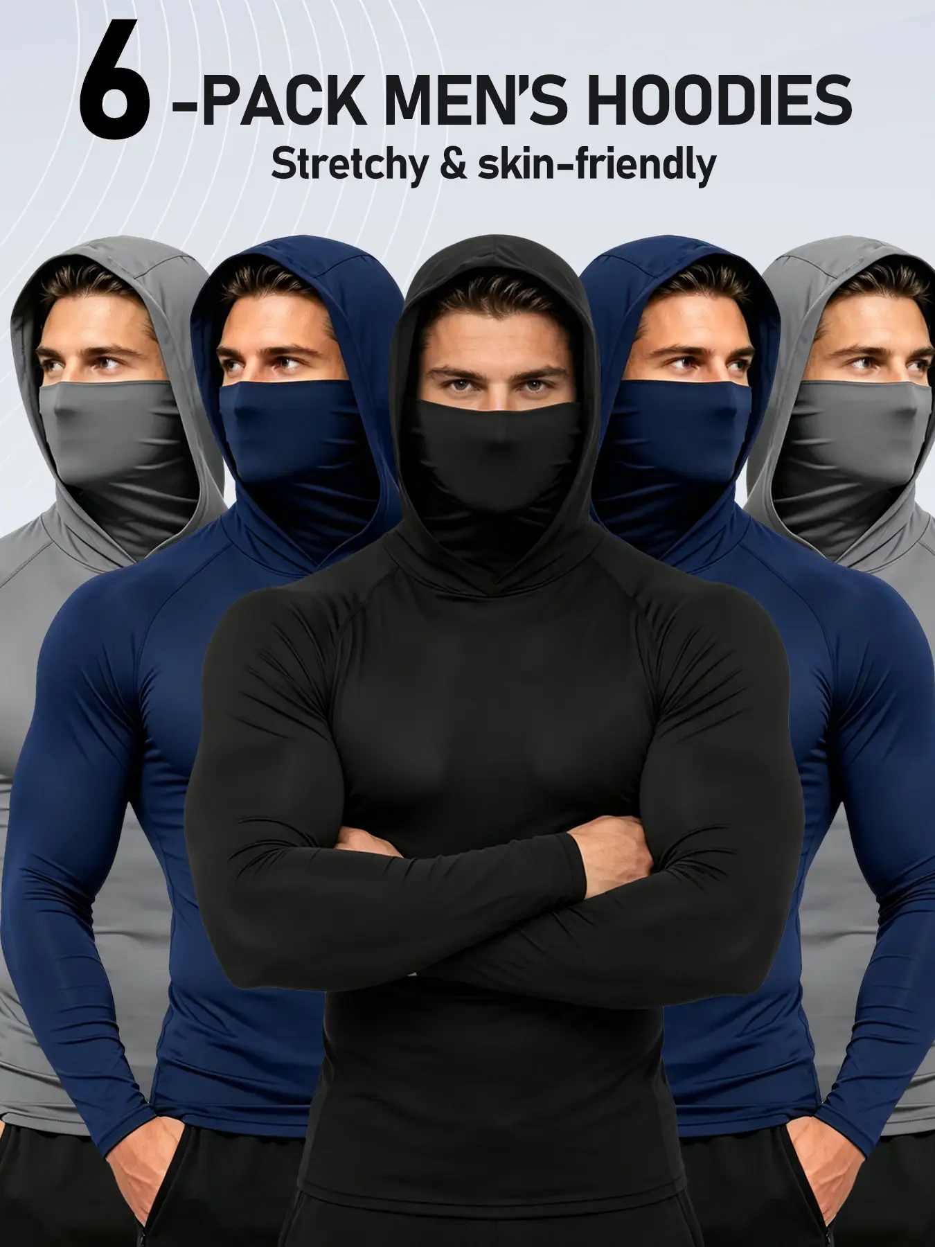 Male 6-Pack Base Layer Hooded Active Wear Tops with Built-in Face Gaiter, Soft Elastic Skin-Friendly Long Sleeve Outdoor Sport Balaclava Hoodies, 6-Pieces, Polyester, Gym Athletic Clothes, Gym Daily Wear, Athletic Fashion Activewear, Daily Wear Sportswear