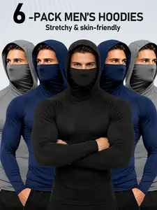 Men 6-Pack Base Layer Hooded Tops with Built-in Face Gaiter, Elastic Soft Skin Friendly Long Sleeve Sports Balaclava Hoodies