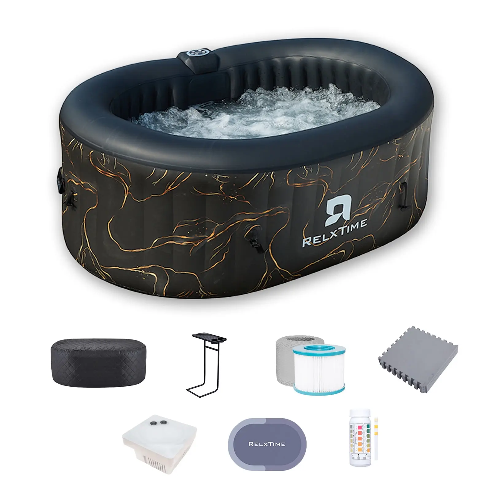 RELXTIME 2-Person Oval Inflatable Hot Tub Set - Outdoor Insulated Spa with 100 Bubble Jets, LED Light, Water Heating, Beverage Tray, EVA Floor Mat, Instruction Booklet, Black (Father’s Day Gift)