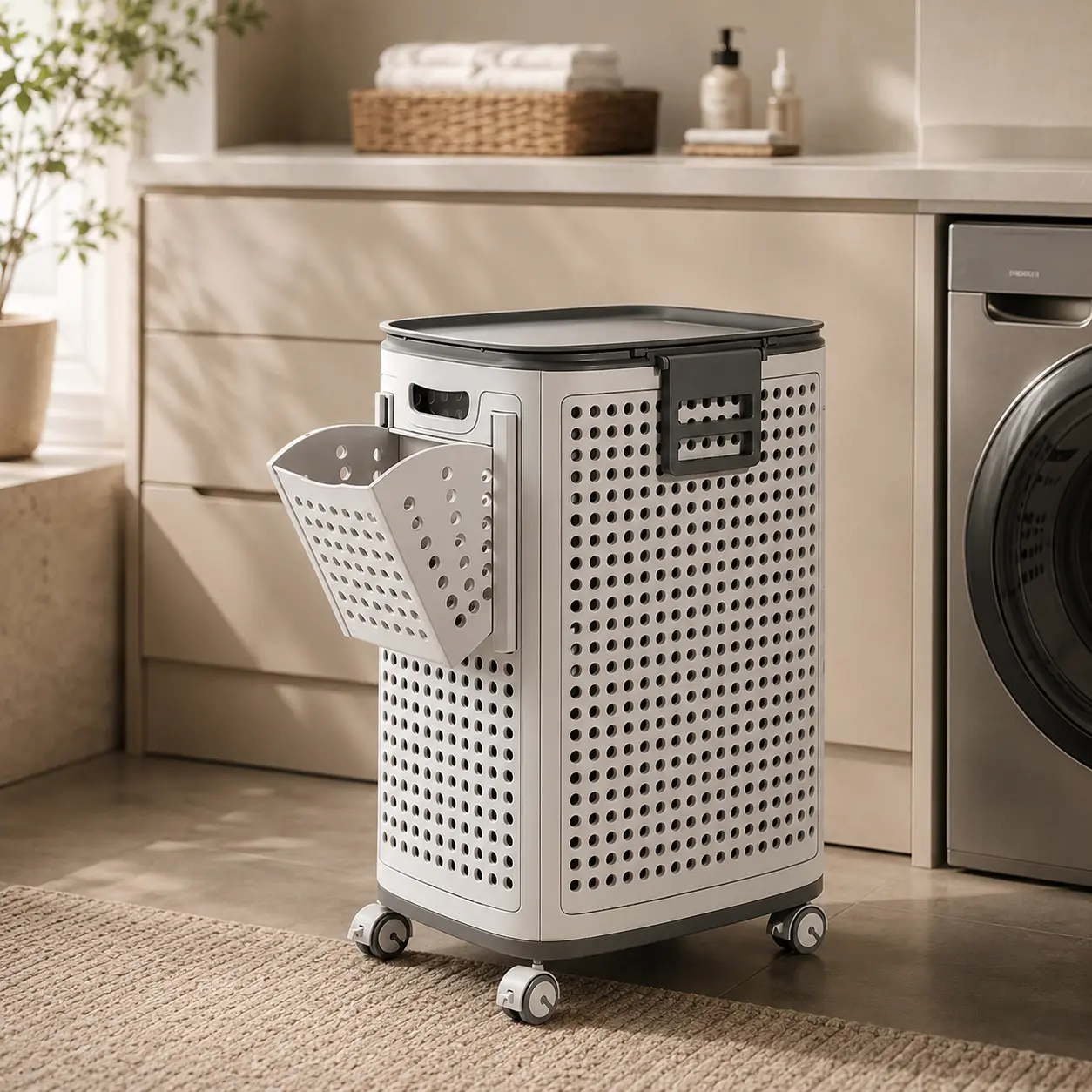 Joybos Freestanding Rectangular Plastic Laundry Basket - Foldable, Heavy-Duty, Functional, Collapsible Slim Rolling Bin with Lid, Wheels, Carry Handles, Removable Trays, 360-Rotation, Easy Assembly for Closet, Bathroom, Laundry Organizers and Storage