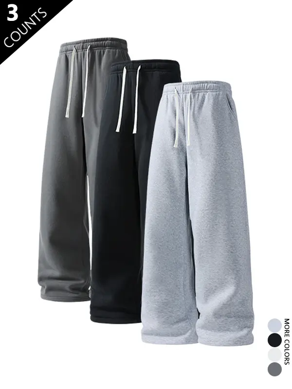 3-pack men’s straight-leg loose wide-leg pants; stylish street-style versatile casual drawstring joggers; men’s street-style pants with a relaxed straight fit; knit versatile sweatpants suitable for spring, summer, and autumn.