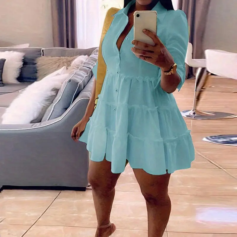 MOTIONKILLER Women's Cute Casual Shirt Dress - Solid Polyester Blend Button-Front Mini with Long Sleeves and Ruffle Hem, Fabric