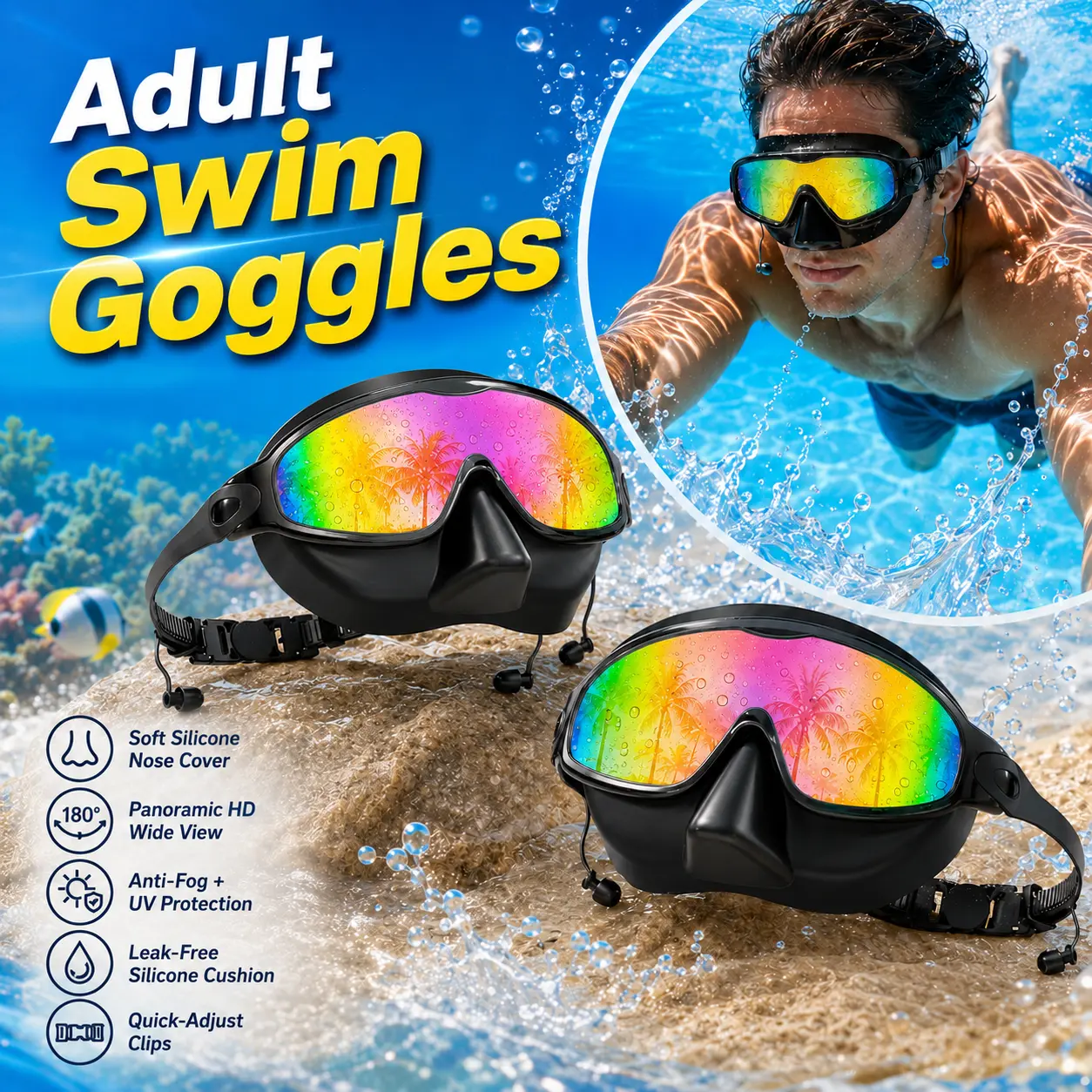 Aegend Silicone Leak Proof Adjustable Swimming Goggles for Adults, 2-Pack with Nose Cover, Wide View, Anti-Fog, UV-Protective for Men & Women, Leak Proof Goggles, 100% Silicone Swimming Goggles tiktokshopbacktoschool
