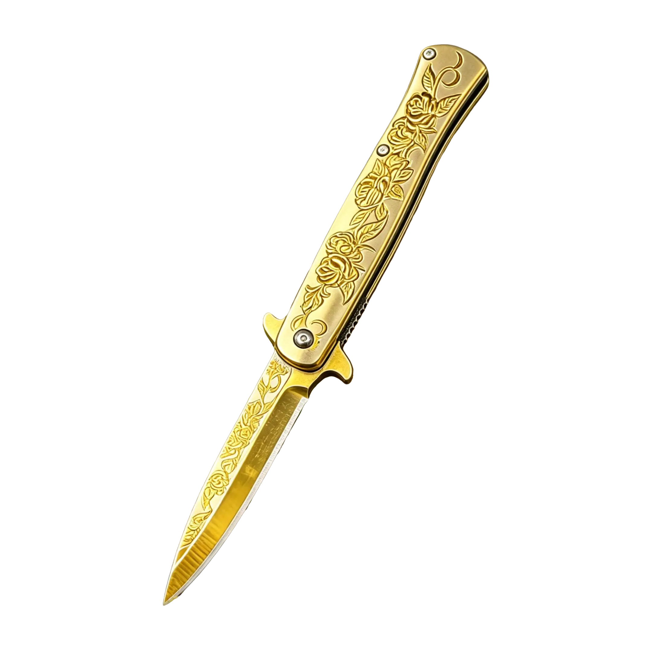 Gold Engraved Rose Folding Pocket Knife, EDC Everyday Carry Tactical Knife, Vintage Brass Handle Outdoor Camping Knife, Collectible Gift for Men Multifunctional Tool, Knives For Defense