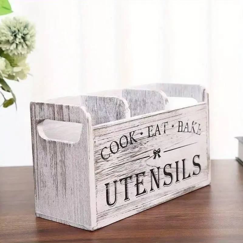 Wooden Kitchen Utensil Rack with 3 Shelves, Rustic Storage Organizer for Cooking Tools, Farmhouse Kitchen Decor, Kitchenware and Utensil Holder, Home