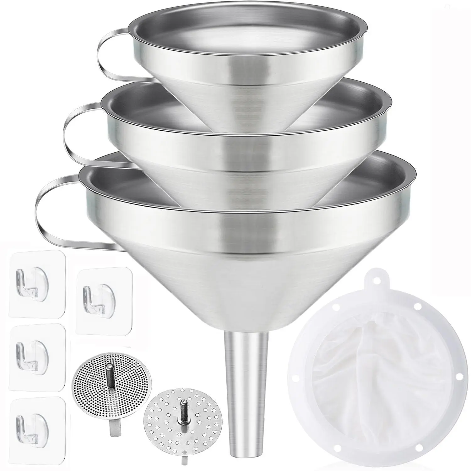 Hanging Metal Kitchen Funnel Utensils Set with Handles - 3-Pack Stainless Steel Funnels, 2 Strainers, 1 Nylon Filter, 4 Hooks, Food Grade, BPA-Free, Rustproof, Heat Resistant, Easy to Hang for Kitchen Efficiency, Crafts, Labs Liquid Transfer, Cooking