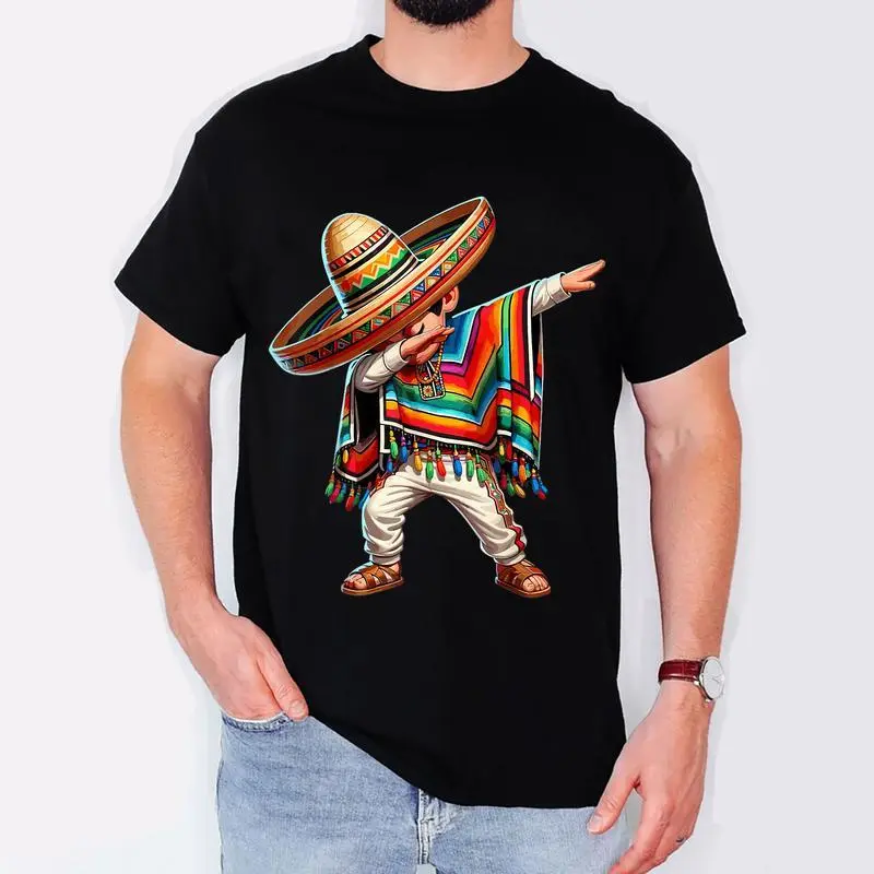 Men's Casual Oversized Relaxed Fit Round Neck Soft Cotton Short Sleeve Mexican Dabbing Graphic T-Shirt - Menswear for Cinco de Mayo Holiday Celebration Gift