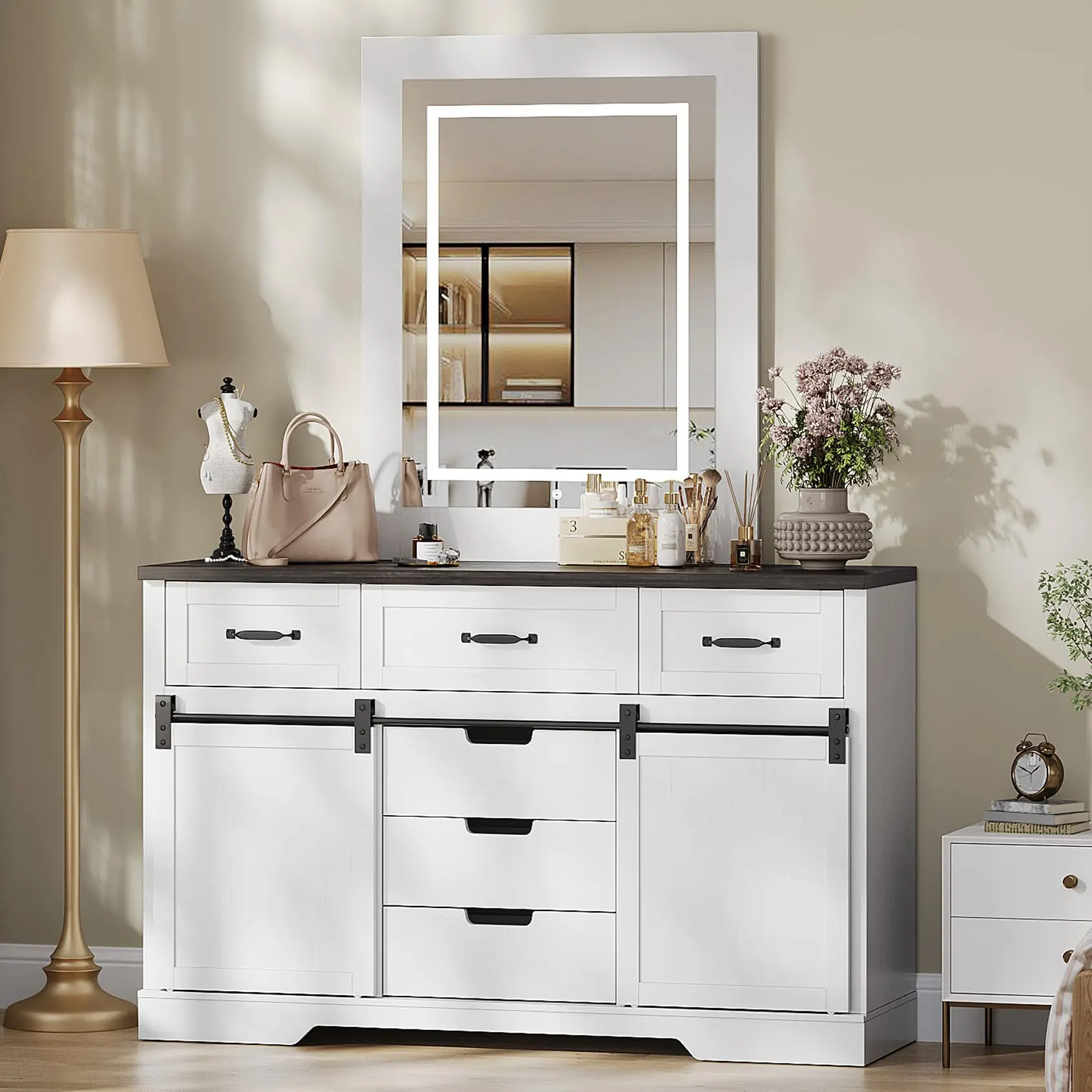 GARVEE 6-Drawer Modern Drawer Dresser Cabinet with LED Mirror, Rustic Sliding Barn Doors, Floor Mount Space-Saving Furniture for Bedroom, Living Room, White