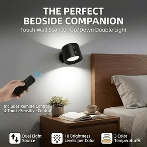 Touch Wall Lamp, No-Drill Renter-Friendly with 3M Adhesive & Magnetic Base, Dual Light Source (Spotlight + Ambient Light), 360° Magnetic Rotation, Detachable Emergency Flashlight, Remote & Touch Control, for Bedroom Dorm Stairway