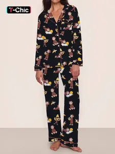 Cute Monkey Pajama Set for Women, Long Sleeve Top & Pants, Elastic Waist, Fitted, Comfortable Fall Winter Sleepwear Loungewear, Christmas Gift Idea