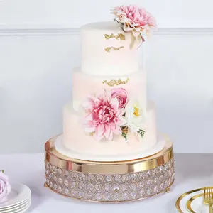 Metal Cake Stand Pedestal 14" Crystal Beaded Design Gold - Cupcake Display and Dessert Riser