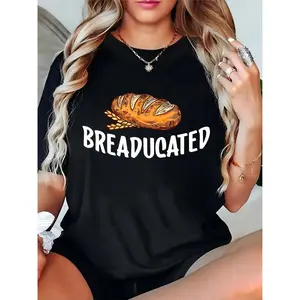Women's Funny "Breaducated" Graphic T - Shirt with Loaf Bread & Wheat Ears Print Casual Daily Top for Female Bakers, Foodies & Bakery Lovers 100% Cotton T-shirt