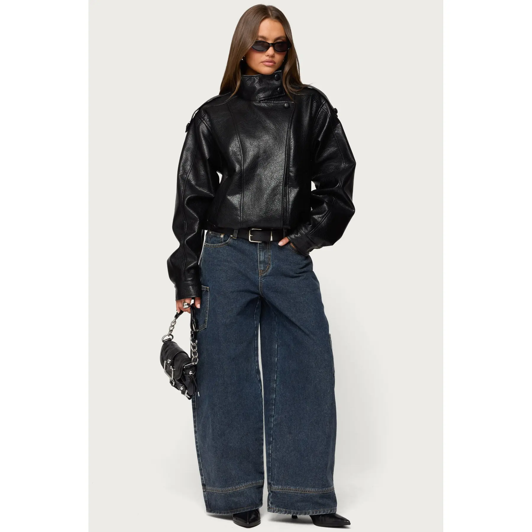 Jaicee High Neck Oversized Faux Leather Jacket Jaicee High Neck Oversized Faux Leather Jacket
