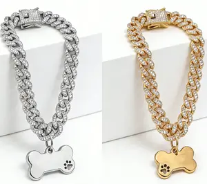 Classic Bling Rhinestone Studded Cuban Chain Pet Necklace, Fashionable Luxury Pet Collar, Exquisite Hip