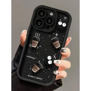 Carbon Black Phone Case With 3D Coffee Cookie And Charcoal Doll Design, Compatible With IPhone17/ 12/13/14/15/16/11/7/8/7Plus/8Plus/XS/X/XR/XSMax/11Pro/11Pro Max/12Pro/12Pro Max/13Pro/13Pro Max/14Pro/14Plus/14Pro Max/15Pro/15Plus/16Pro/16Plus/16Pro Max