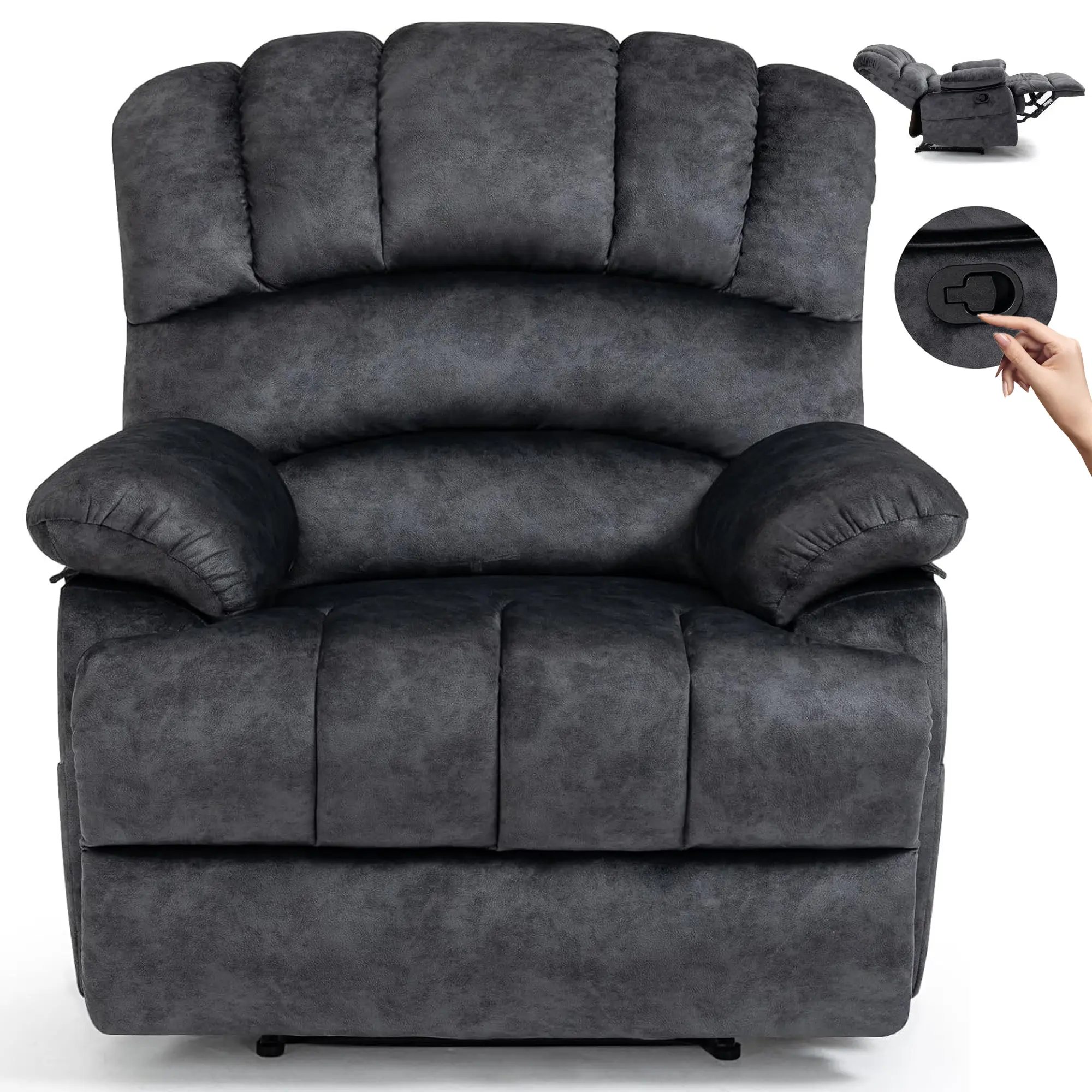 Large Manual Recliner Chair, Pushback Recliner Chair with Overstuffed Paddings, Detachable Armrests, Living Room Reclining Sofa for Watching TV, Relaxing and Reading, Black