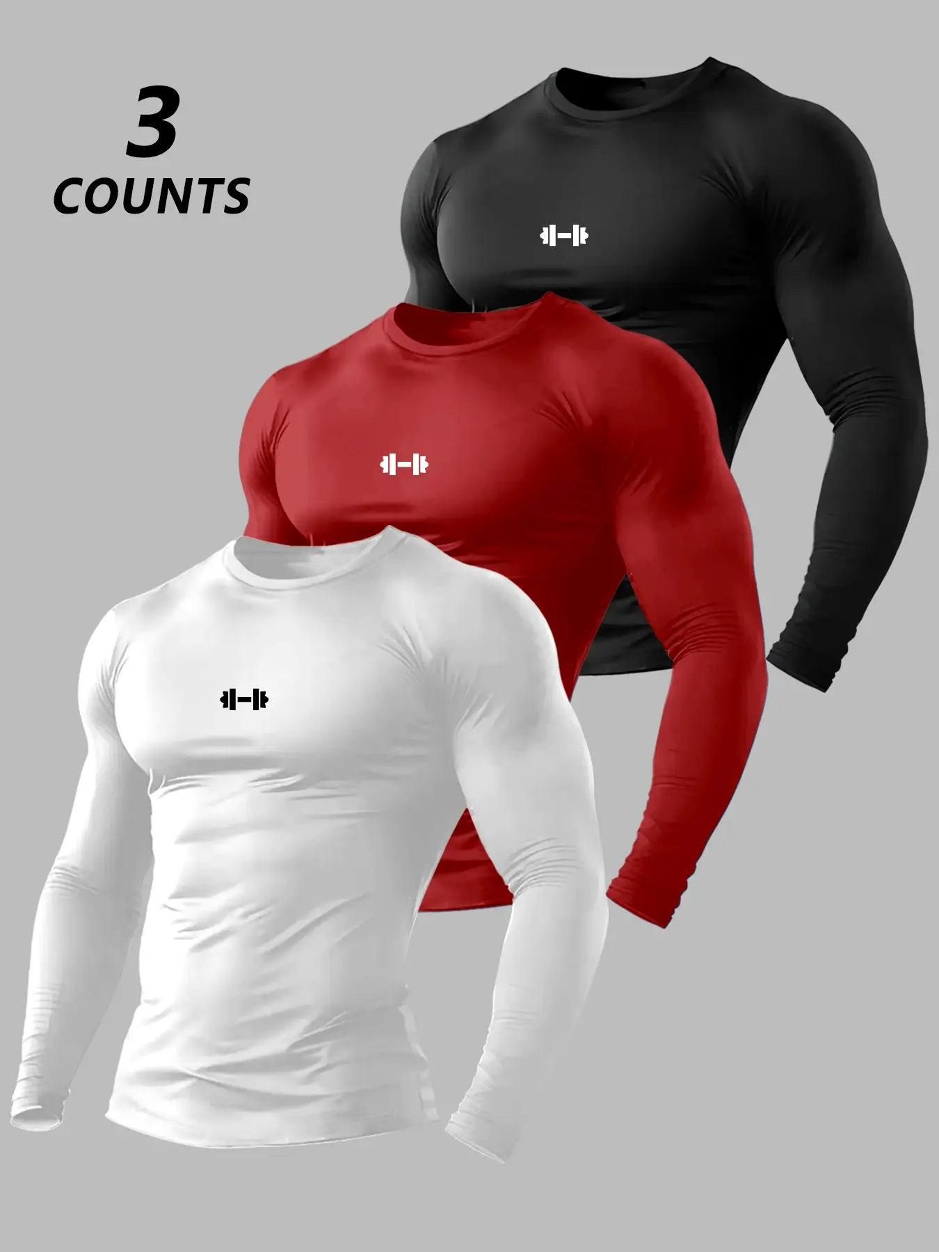 Men's Classic 3-Piece Set Underwear, Weightlifting Print Long Sleeve T-Shirt, Versatile Casual Top, Comfortable and Stylish, Athletic Style, Activewear Tee, Gym Clothes Workout, Fitness Shirts, Fitted Sportswear, Active Tops