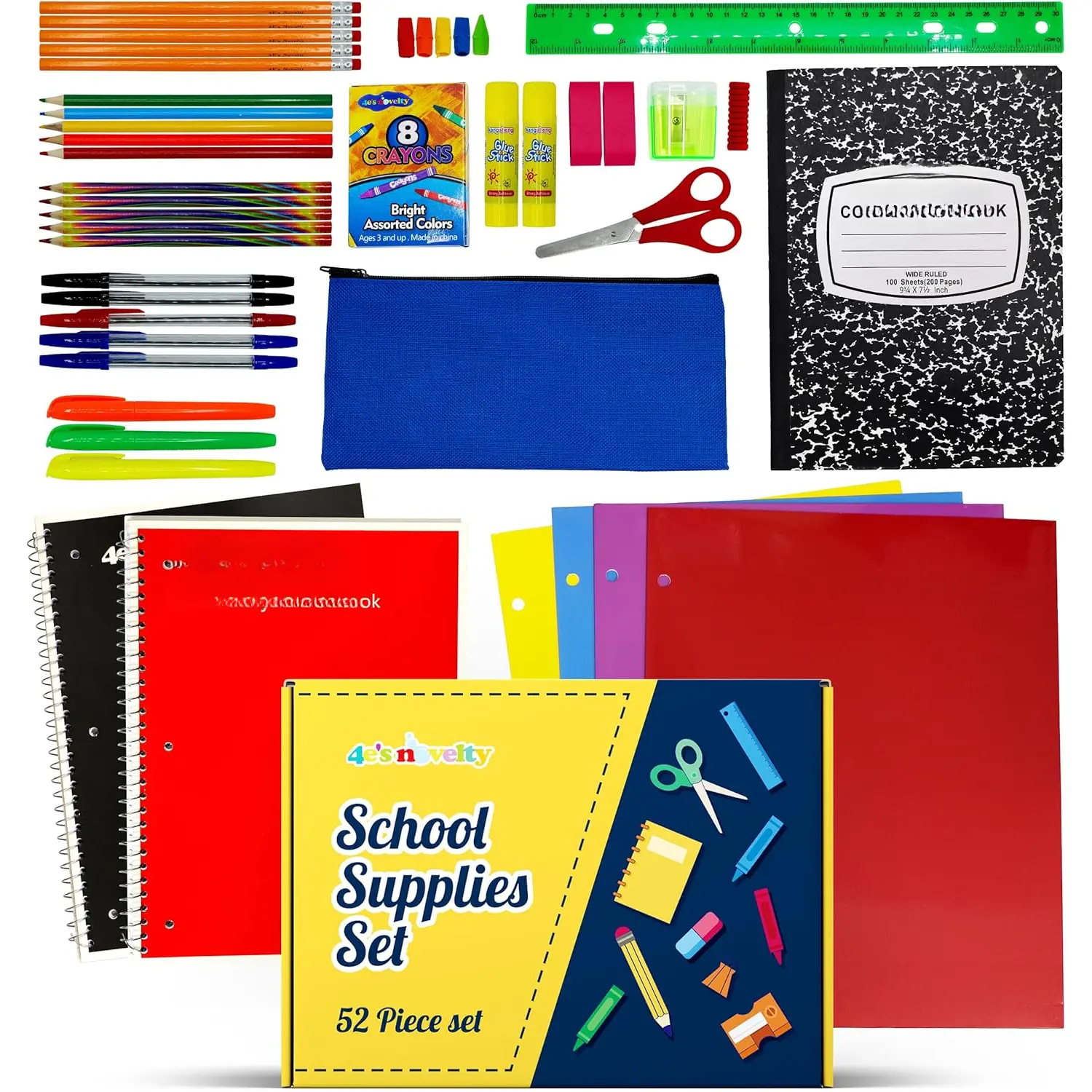 52 count Schools Supplies Kit for K1-8  to School  Box with Essential Student Kits, School  Bundle Middle Elementary Schools Supplies Kit Grades 1 2  6 7 8