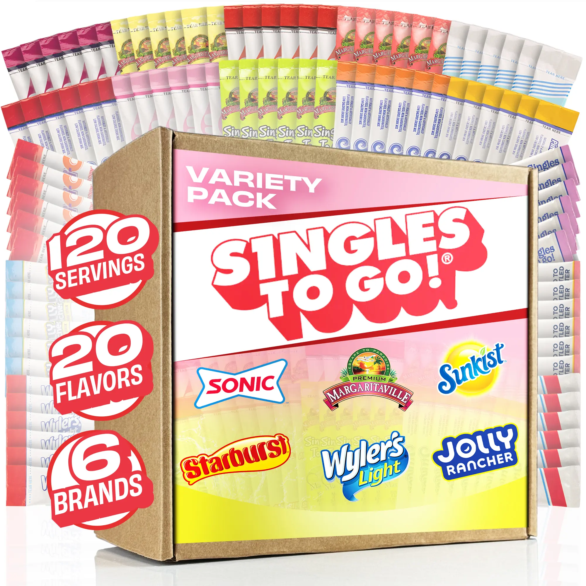 Singles To Go Sugar-Free Fruity Variety Drink Mix Bulk Bundle, 120ct Ambient Beverage Hydration Powder, Trial Box