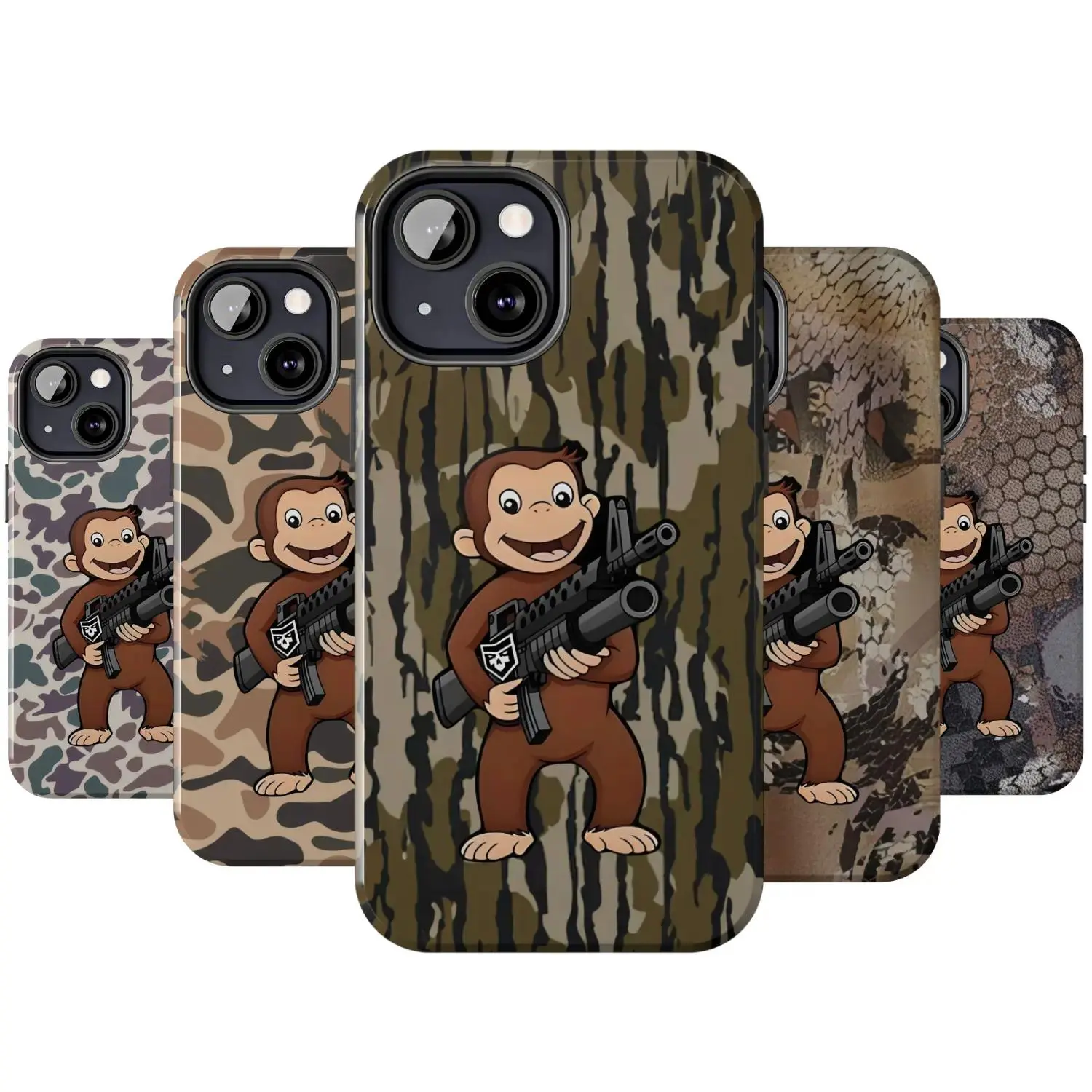 Machine Gun-Shaped Curious George Camouflage Smartphone Case - Handheld Cellphone Protection for iPhone 17/16/15/14/13/12/11 Pro Max/Plus, Samsung Galaxy S23FE/22/23/24/25 - Durable Hunting Gift Accessory