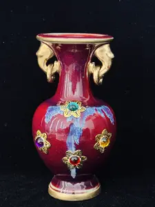 Handmade Chinese Jun Porcelain Vase with Gold Elephant Handles & Gem Inlays, Vintage Red Glaze Luxury Ceramic Vase, Unique Asian Art Home Decor
