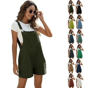 JovenPara Women Cotton Blend Shortall Linen Dual Pocketed Adjustable Strap Cream Pinafore Overall Romper