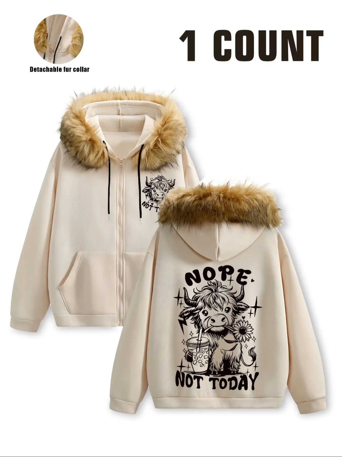 Autumn Winter Zipper Cardigan Sweater, Detachable Fur Collar, Highland Cow Print, Warm Slimming, Casual Versatile, Long Sleeve Loose Fit
