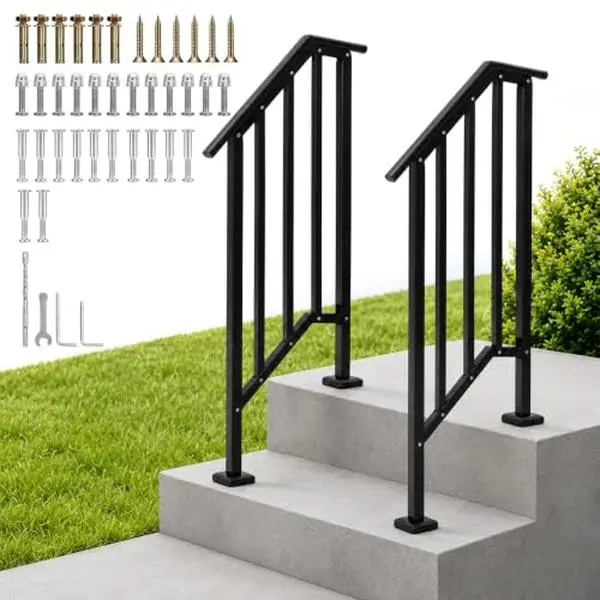 Heavy-Duty Adjustable Outdoor Stair Handrail Kit, 2-Pack Black Steel Stair Railing for Porch/Deck/Front Entry - for Concrete or Wood - Includes Hardware - 2 Steps