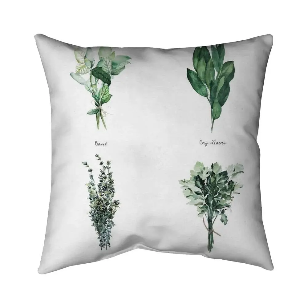 360 Stand 16x16 in. Green Leaves Kitchen Accent Pillow, Botanical Art Herb Print, Nature Theme, Polyester Fill, Machine Washable Fine Herbs Textile Soft Furnishing, Botanicals Standard Pillows, Detachable Cover, Poly Twill, Durable, Illustration