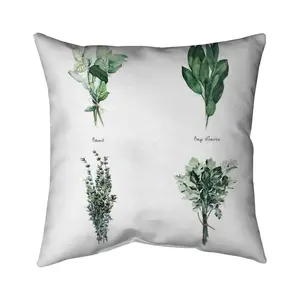 360 Stand 16x16 in. Green Leaves Kitchen Accent Pillow, Botanical Art Herb Print, Nature Theme, Polyester Fill, Machine Washable Fine Herbs Textile Soft Furnishing, Botanicals Standard Pillows