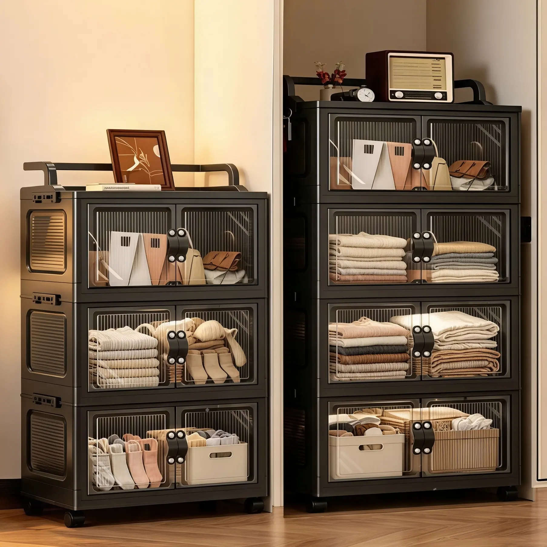 GOLDSNAKE Large Capacity Collapsible Storage Cabinet With Handles, Portable Stackable ModularOrganizer With 360° Rolling Wheels, Multi-purpose Wardrobe Storage Container For Bedroom,Dorm, Small Apartment & Household Organization