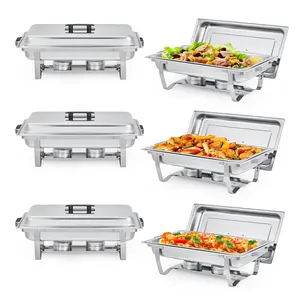 Gaomon 8QT Rectangular Stainless Steel Chafing Dishes Set of 6 - Sturdy Buffet Food Warmers with Temperature Retention, Mirror Finish Lid, Foldable Frame, Stackable Tray, Bakeware Pans for Parties, Weddings