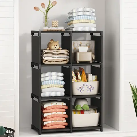 6-Cube Water-Resistant Metal Frame Rack Shelf, Adjustable Organiser, Disassemble-Ready Stackable Lightweight Portable Storage, Organizes Shoes Clothes Toys Books for Wardrobe Dorm Room (35.8L x 11.8W x 37.4H in)