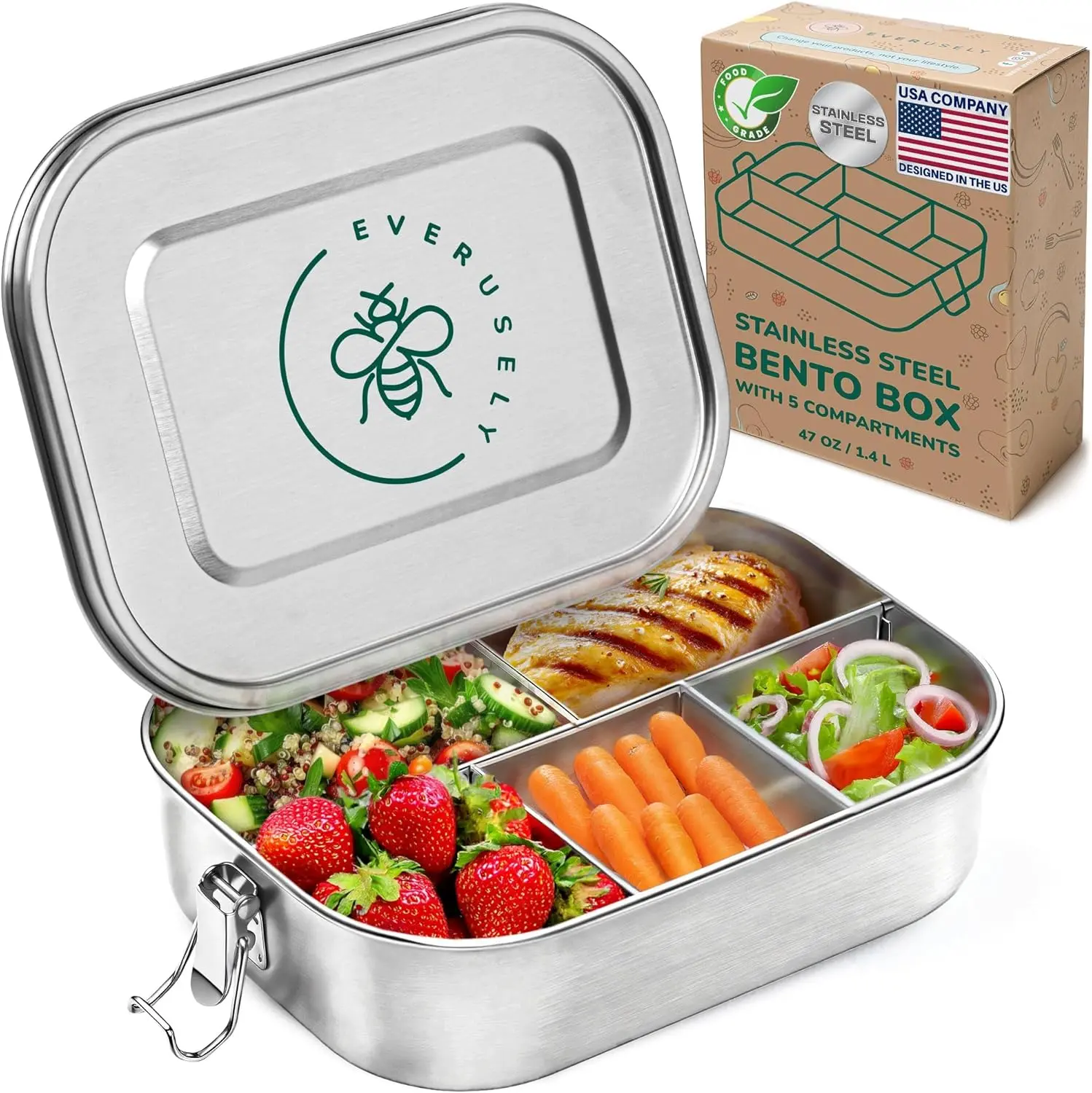EVERUSELY Stainless Steel Bento Lunch Box - 47 oz/1.4 L 5-Compartment Divided Container with Lid, Removable Silicone Seal, Secure Lock Clips, Non-Plastic, Non-Toxic, Portion-Controlled for Adults, Dishwasher-Safe Leak-Free Lunch Box, Leak-Free Lunch Boxes