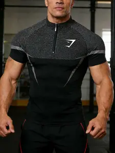 1 Piece Half-Zip Color-Blocked Textured Slim Fit Short Sleeve, Functional Sporty Style, Stretchy & Breathable Athletic Top, Perfect for Gym Training & Streetwear, Breathable Workout Tops, Gym Workout Tee, Activewear T Shirt, Half Zip Sportswear